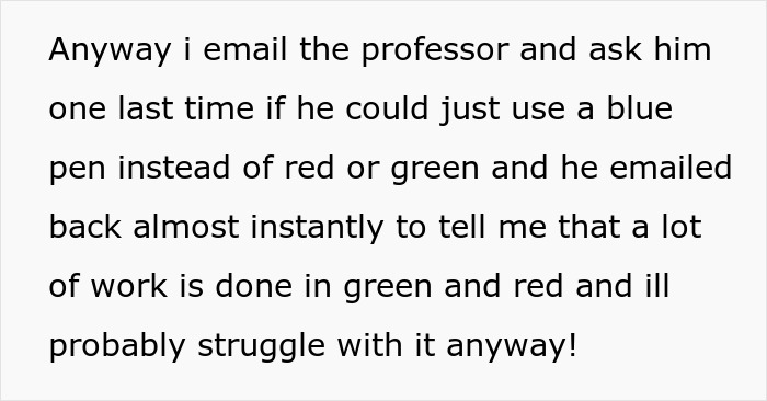 Email exchange showing colorblind student requesting professor to use blue pen instead of red or green for special needs accommodation.