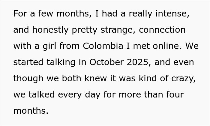 Text excerpt about a 29-year-old traveling 7000km to meet a 23-year-old woman he met online, regretting it as the date starts. Text excerpt about a 29-year-old traveling 7000km to meet a 23-year-old woman he met online, regretting it as the date starts.