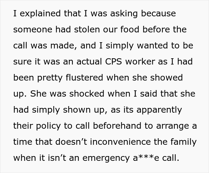 Alt text: Text describing a situation where a couple suspects step-mom steals food leading to a CPS visit inquiry.