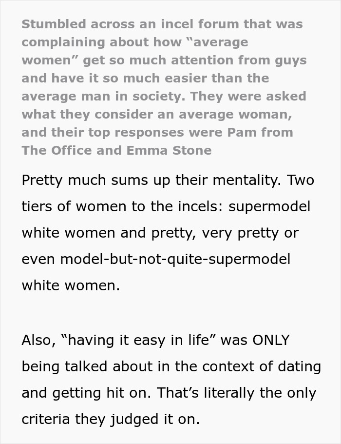 Alt text: Insight into incel forum discussions revealing twisted views on women and their dating challenges.