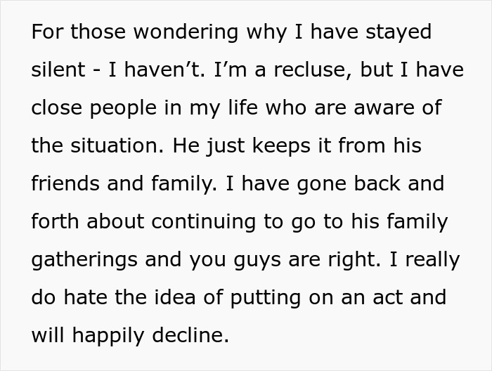 Text message expressing feelings of a tired woman who is quiet quitting her marriage, avoiding family gatherings and pretense.