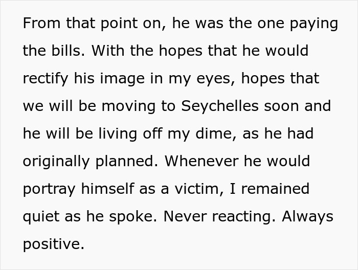 Text excerpt showing a woman&rsquo;s perspective on her husband paying bills and exposing his secret in their marriage.