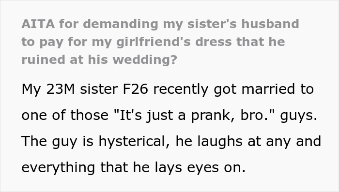 Text excerpt discussing a groom who pranks his brother-in-law’s girlfriend instead of enjoying his wedding.