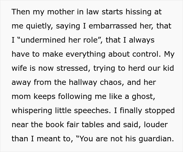 Text excerpt describing a tense family moment with granny pretending to be kid's guardian, causing dad's frustration.