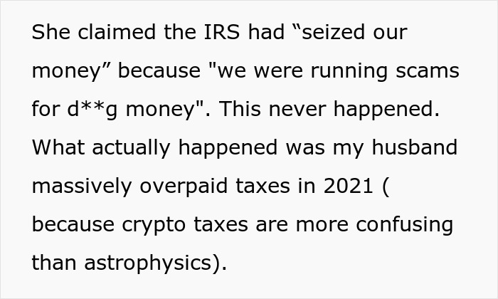 Text excerpt showing a claim about IRS seizing money and a clarification on postpartum boundaries issues.