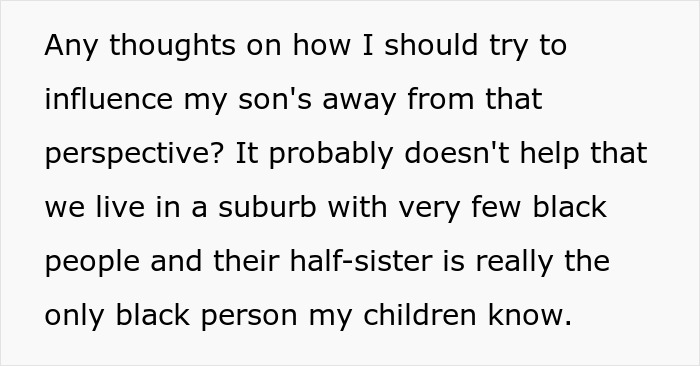Text discussing concerns about influencing a child's perspective on race in a predominantly white suburban area.