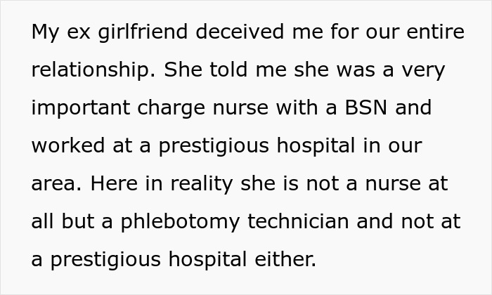 Text describing a woman&rsquo;s deception as a psychiatric nurse, later revealed as a phlebotomy technician by her boyfriend&rsquo;s discovery.