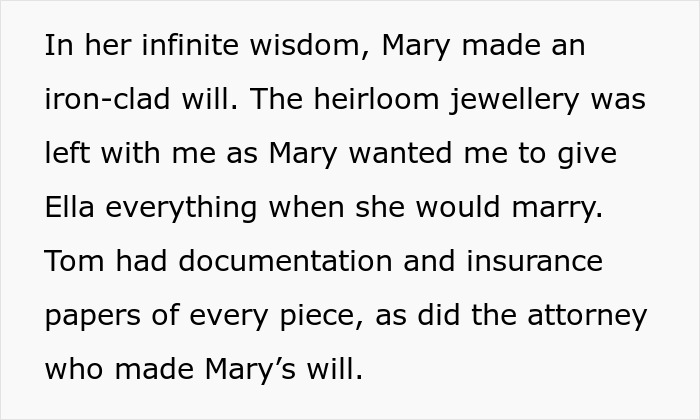 Text excerpt about inheritance and heirloom jewelry related to stepmom and late mom memory conflict.
