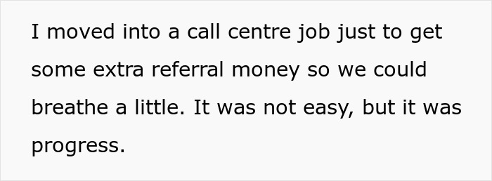 Text excerpt about working a call centre job for extra referral money amid insurance hike stress.