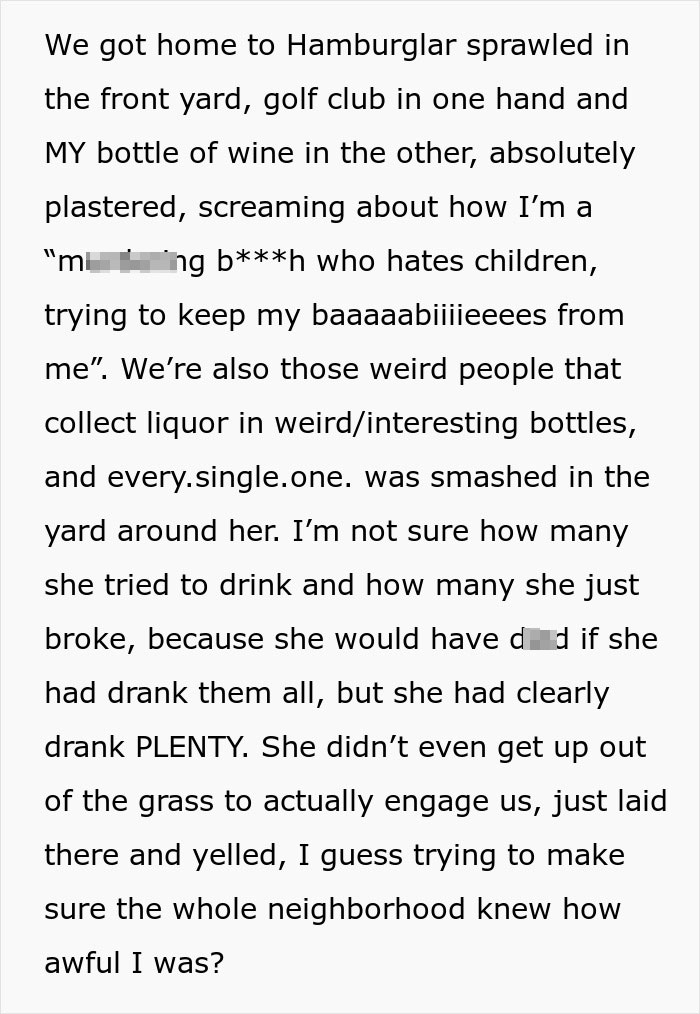 Text excerpt describing a chaotic encounter with a "Hamburglar" step-mom accused of stealing food and causing a scene.