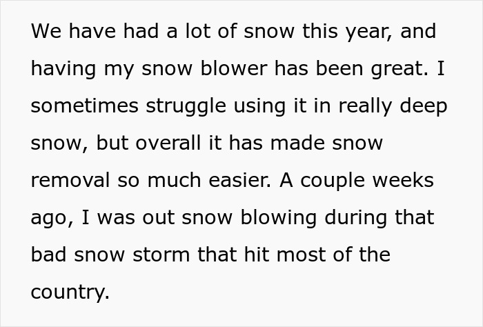 Woman using new snow blower during heavy snowstorm, refusing to lend it to unfamiliar neighbor nearby.