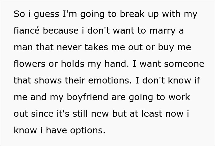 Text about woman deciding to leave fianc&eacute; over boyfriend due to lack of emotional connection and new relationship hopes.