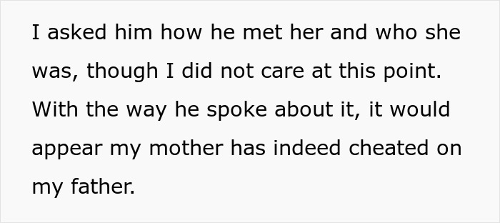 Text excerpt describing a mother suspected of cheating on her father, revealing family conflict and betrayal. Text excerpt describing a mother suspected of cheating on her father, revealing family conflict and betrayal.