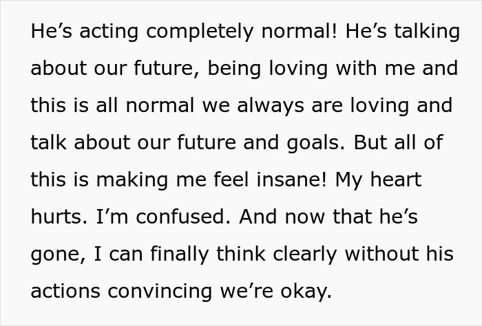 Alt text: Emotional text about confusion and pain in a chlamydia boyfriend cheating relationship, questioning love and future plans.