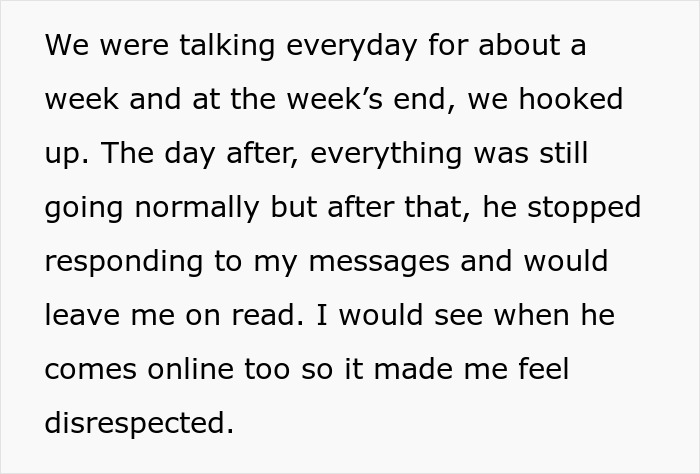 Text about ghoster relationship messages and feeling disrespected after being left on read following hookup and online presence.