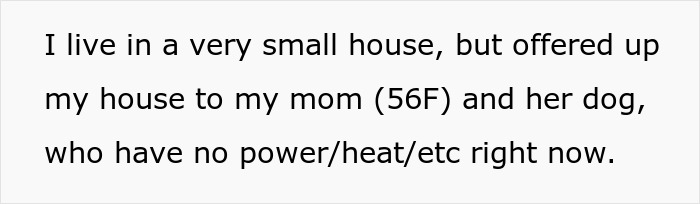 Text excerpt about offering a small house to mom and her dog during a snowstorm with rising temperatures.