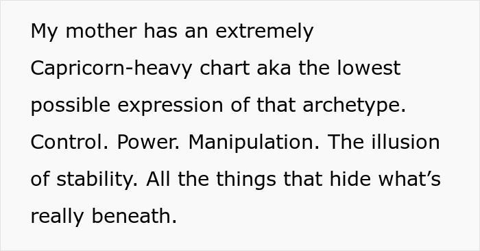 Text on a white background discussing a Capricorn-heavy chart representing control, power, and manipulation beneath postpartum boundaries.