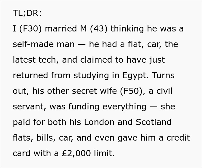 Text about woman marrying just weeks after meeting husband revealing his secret of secret wife funding his lifestyle.