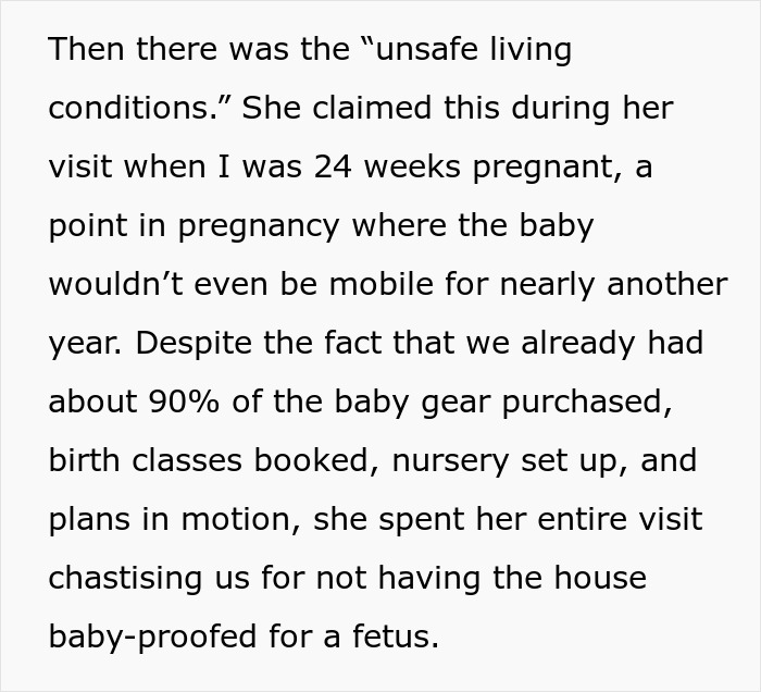 Text about unsafe living conditions and baby-proofing during pregnancy, highlighting postpartum boundaries conflict.
