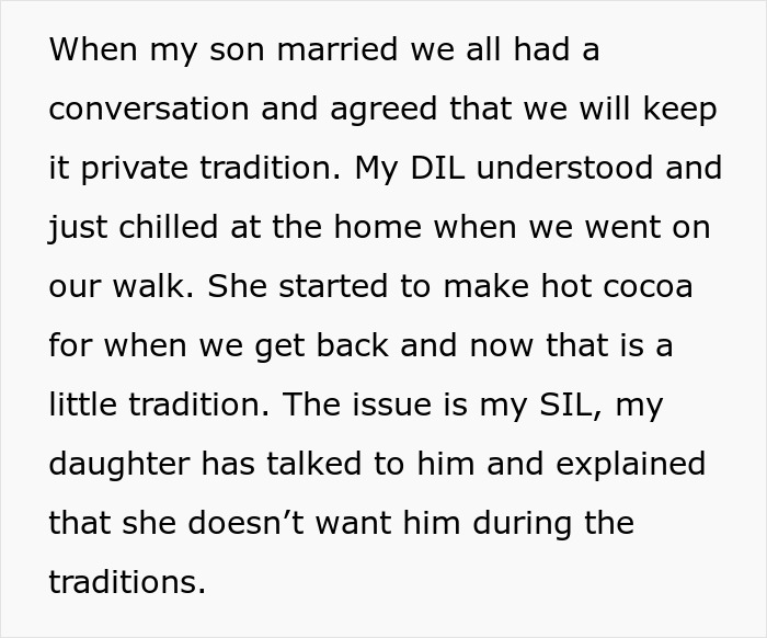Family visits late wife’s grave as private tradition disrupted by kids’ spouses insisting on joining the ritual. Family visits late wife’s grave as private tradition disrupted by kids’ spouses insisting on joining the ritual.