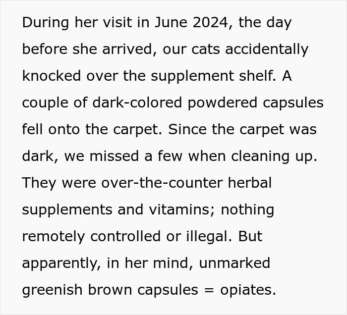 Text excerpt discussing postpartum boundaries and a misunderstanding involving herbal supplements mistaken for opiates during a visit.