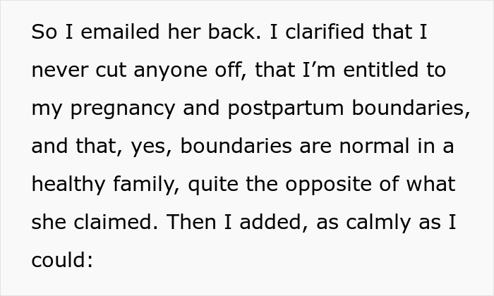 Email text explaining the importance of pregnancy and postpartum boundaries in a healthy family relationship.