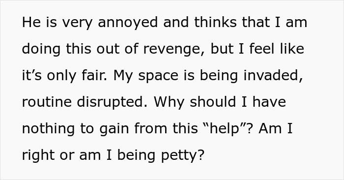 Text discussing a wife upset with her lazy hubby who invites mom to help instead of pitching in, leading her to go on strike.