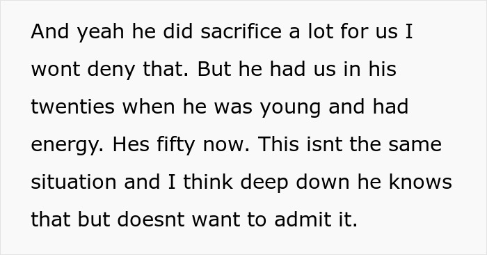 Text excerpt from a discussion with a 50-year-old dad about his kids refusing to help raise his surprise baby.