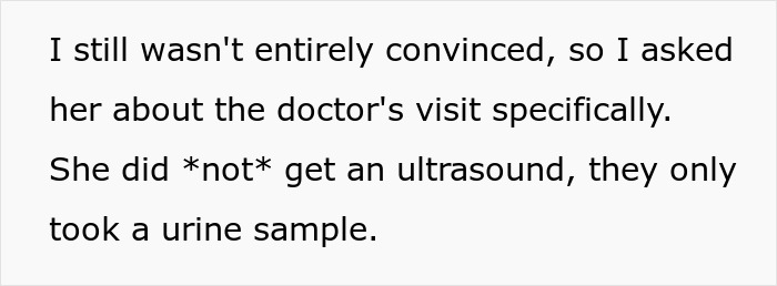 Text excerpt showing confusion about partner's pregnancy after doctor's visit and urine sample, highlighting lesbian couple concerns.