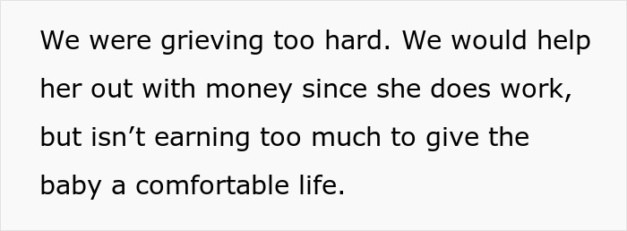 Text saying a woman&rsquo;s family grieves while supporting her financially for the baby after testing suspicions.