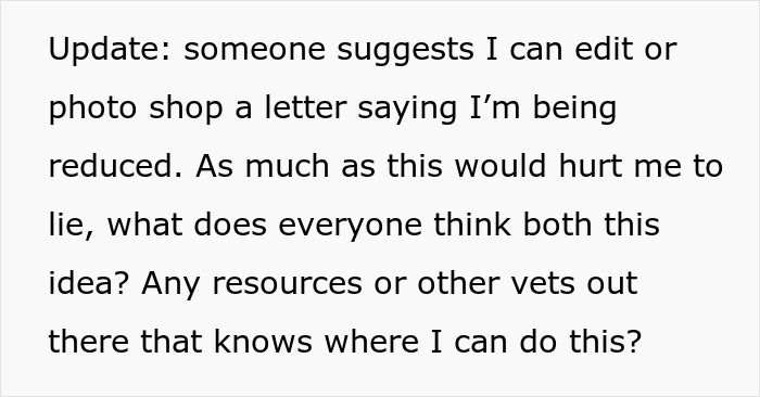 Text message about editing or photoshopping a letter, seeking advice from vets on reducing pay or responsibilities.