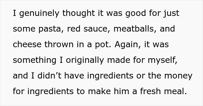 Text excerpt describing a woman bringing leftovers to support her mourning boyfriend, criticized for inedible food.