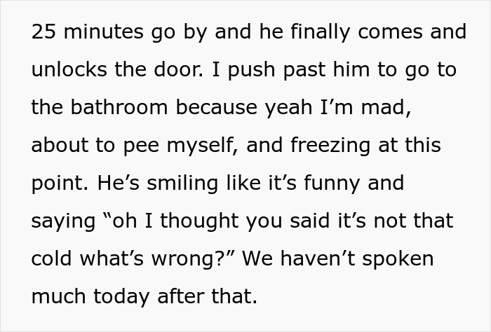 Text excerpt describing a bossy man unlocking the door after locking his pregnant wife out in freezing weather while smiling.