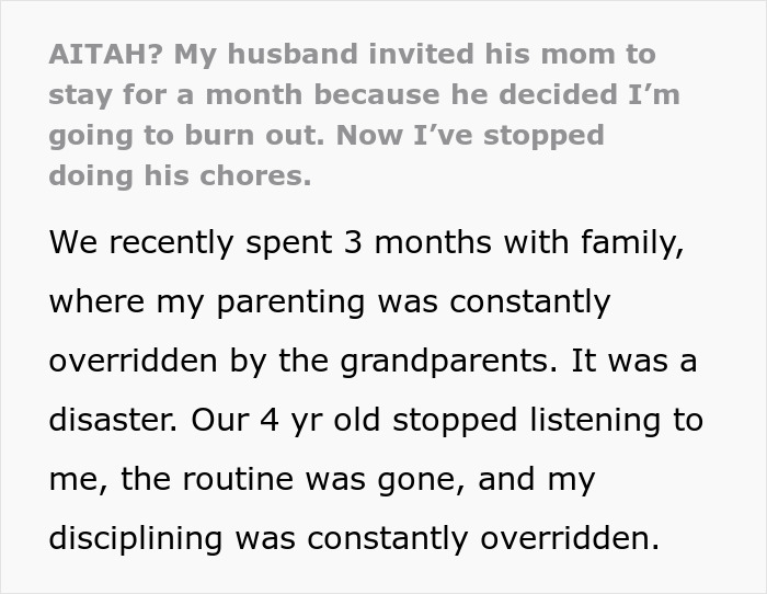 ALT text: Screenshot of a text post about a lazy hubby inviting mom to help with chores while the wife goes on strike and stops doing his chores.