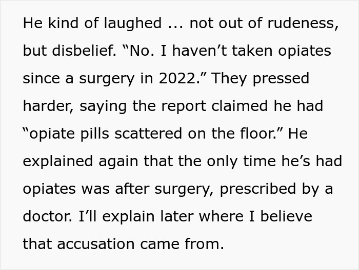 Text excerpt describing disbelief over opiate accusations, highlighting postpartum boundaries retaliation context.