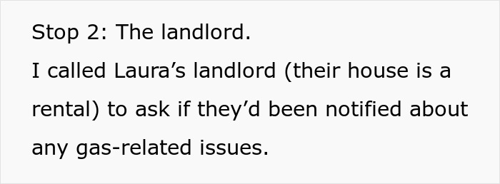Text excerpt discussing contacting a landlord to check for gas-related issues when family needs to move in.