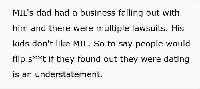 Text about MIL’s dad’s business fallout, multiple lawsuits, and family tension over secret dating revealed by nurse.