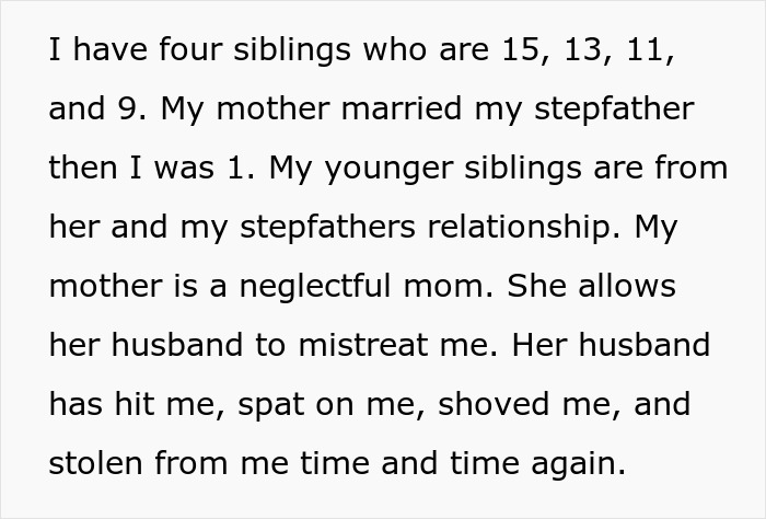 Text describing a teen&rsquo;s story about a neglectful mom and a***e from stepfather before finally escaping horrible family.