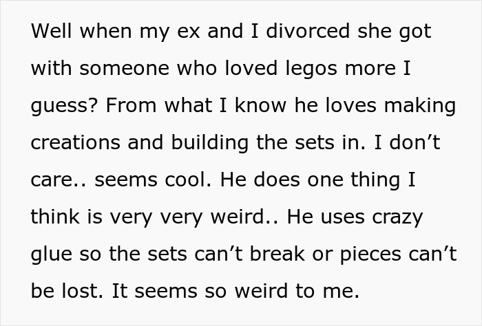 Text excerpt highlighting a cheating ex-wife's boyfriend who loves Lego sets and uses glue to keep pieces intact.