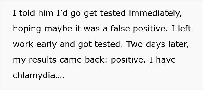 Text excerpt about getting tested positive for chlamydia, highlighting fears of boyfriend cheating in relationship.