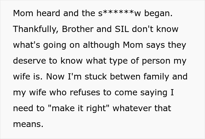 Text excerpt discussing family conflict after wife reveals her wedding outfit plans, causing husband to be stuck between family and wife.