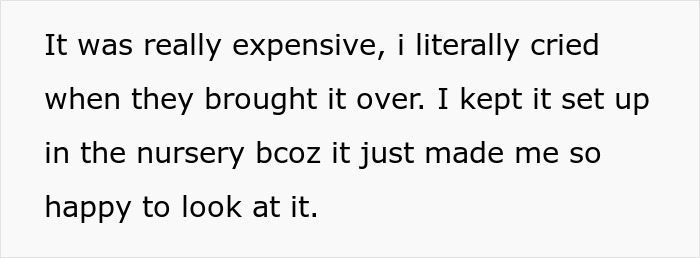 Text on a white background describing a mom-to-be&rsquo;s emotional reaction to her nursery setup and a stroller gifted without her knowledge.