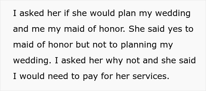 Text conversation about sister refusing to plan wedding due to payment, leading to demoted guest situation.