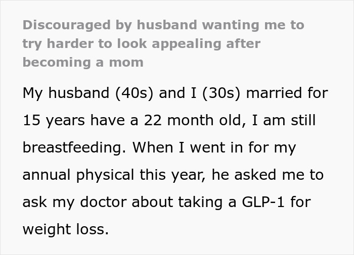 Screenshot of a personal story about a husband pressuring his wife to use prescription meds to lose weight after having a baby.