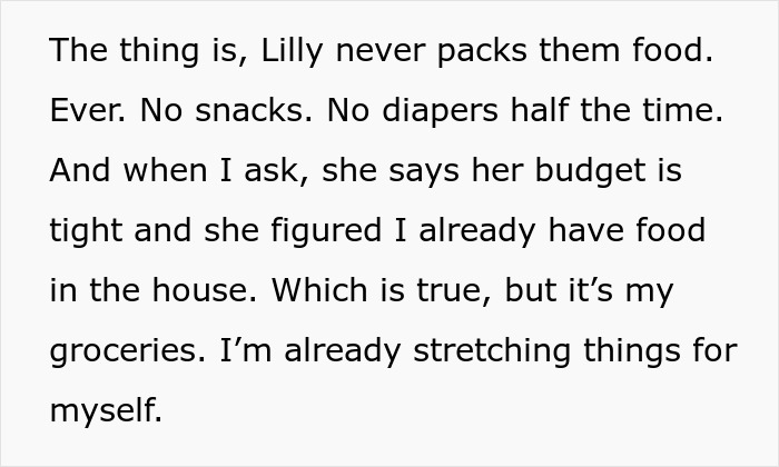 Text excerpt discussing entitled mom expecting childfree bestie to babysit and feed her kids without contributing.