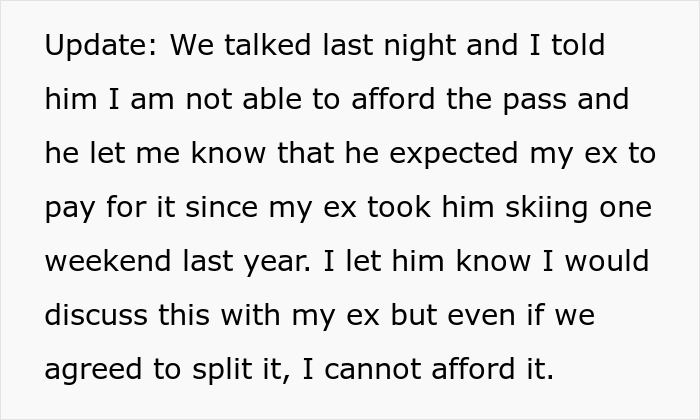 Text update about woman panicking after partner making 5x her salary leaves her son without an affordable ski pass.