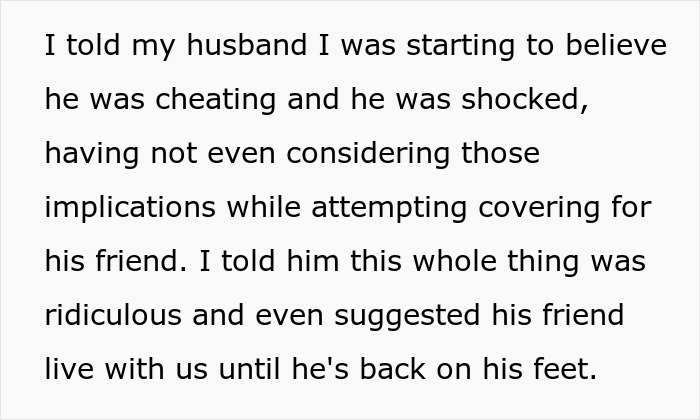 Text on a white background discussing a suspicious husband and mentioning covering for a friend, related to long hairs shower suspicious husband.