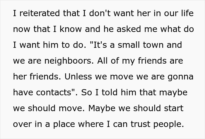 Text discussing dealing with betrayal by husband and best friend, considering moving to rebuild trust and avoid contact.