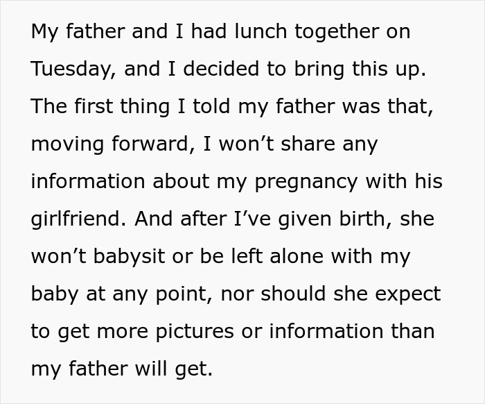 Text message about daughter setting boundaries with dad's girlfriend over pregnancy and baby information sharing.