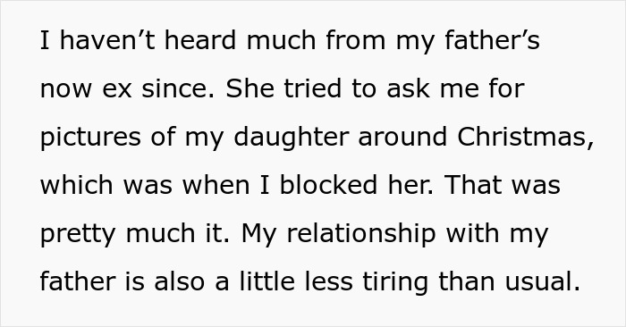 Text passage describing a daughter blocking her father's girlfriend who had baby fever and asked for pictures of her child.